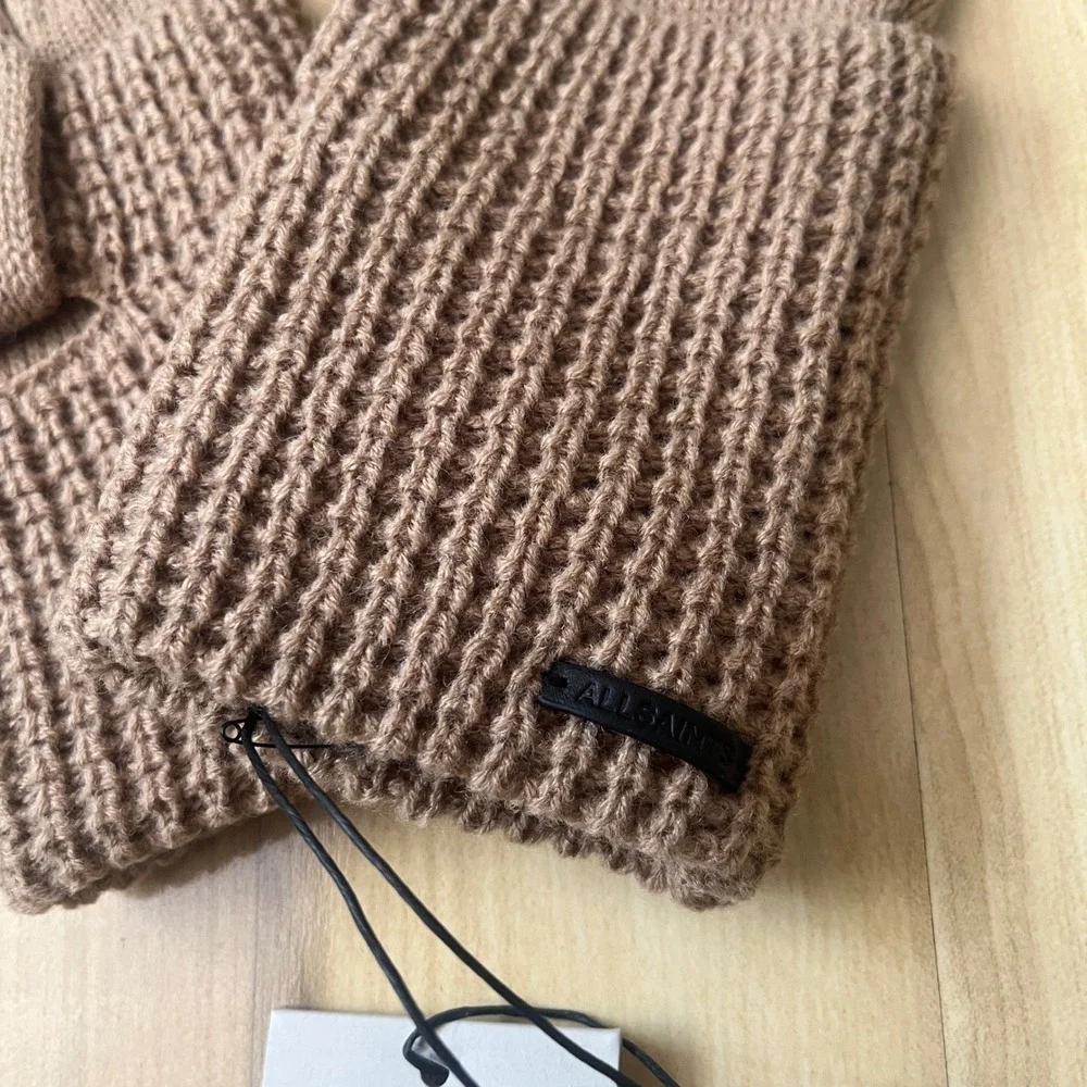 AllSaints Gloves Women's New NWT Tan Waffle Knit Cozy Neutral Scandi Classic